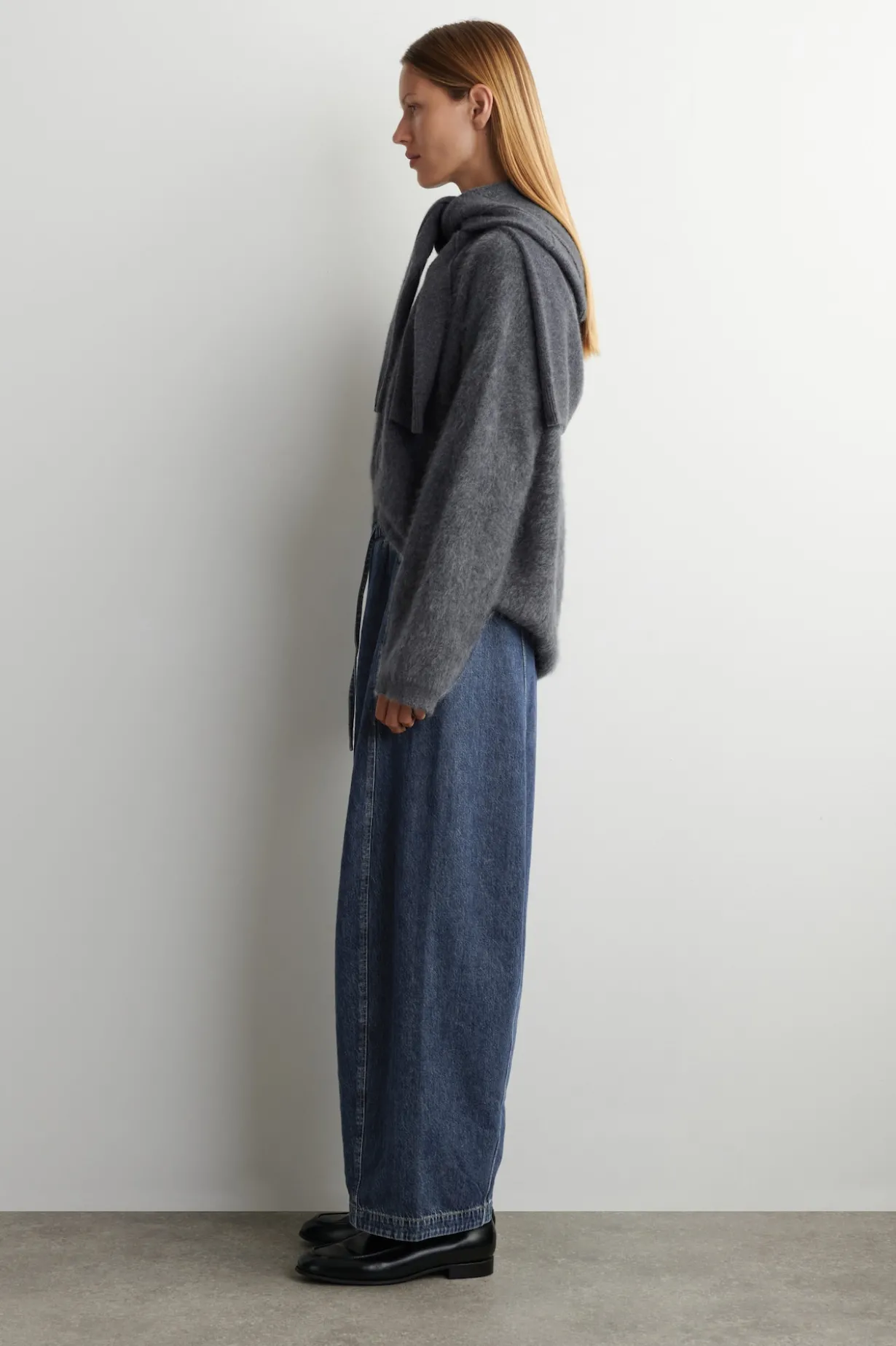BARREL-LEG DENIM DRAWSTRING PANTS