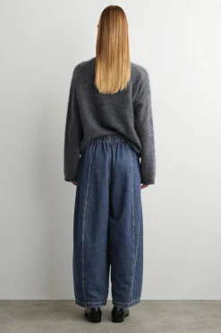 BARREL-LEG DENIM DRAWSTRING PANTS