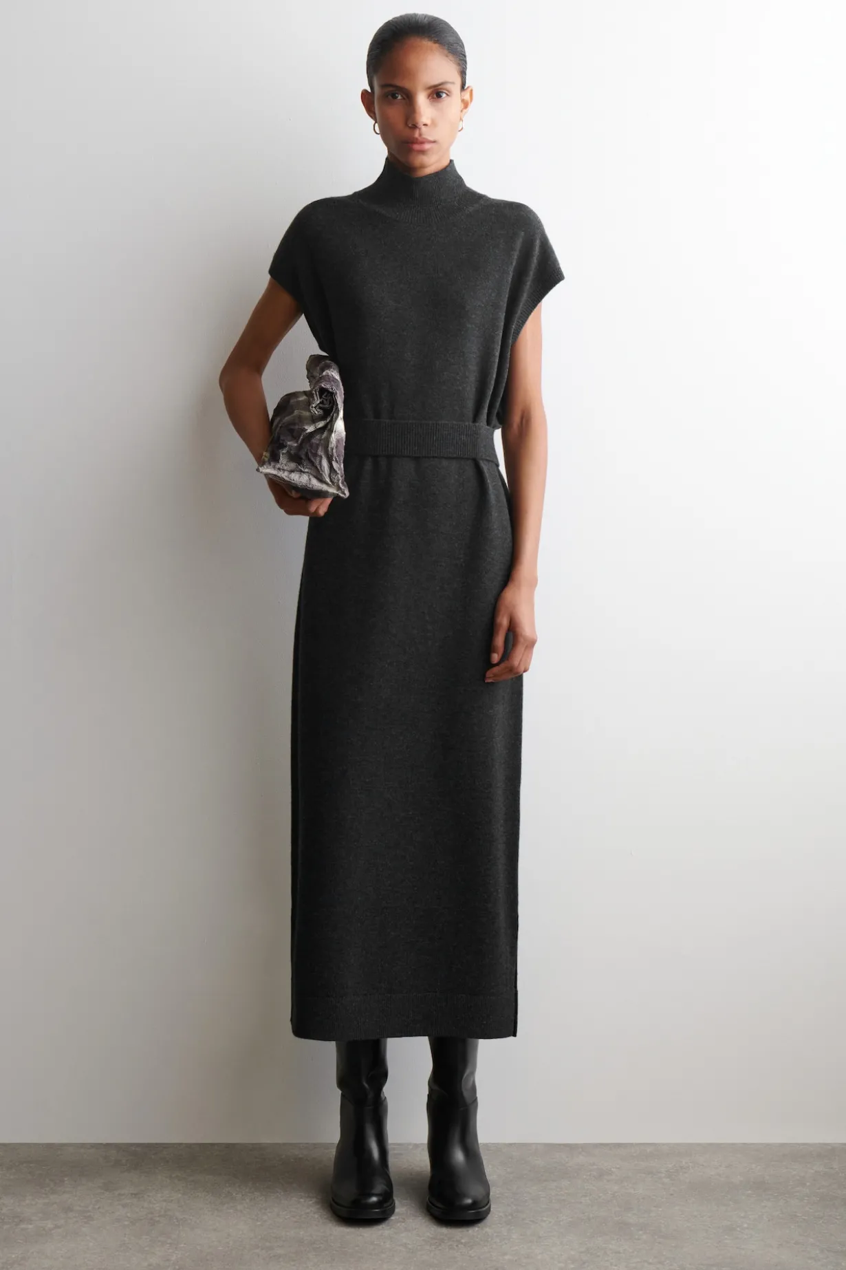 BELT-DETAIL MERINO WOOL MOCK-NECK DRESS