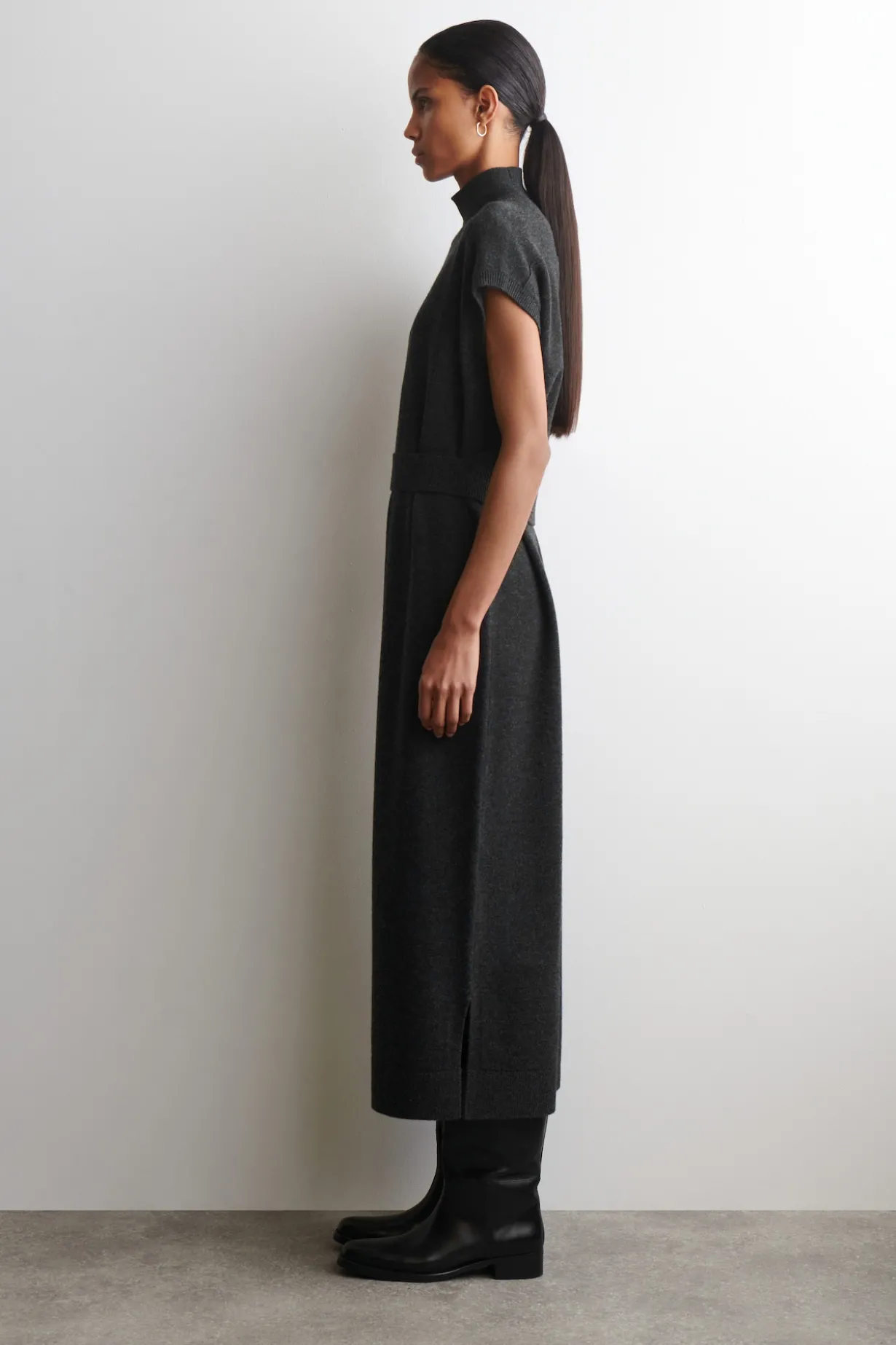 BELT-DETAIL MERINO WOOL MOCK-NECK DRESS