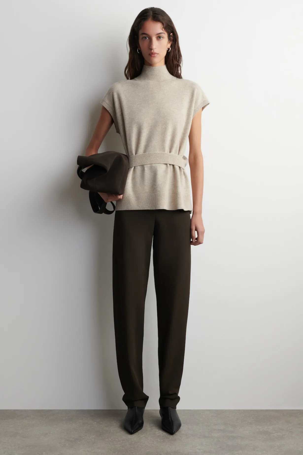 BELT-DETAIL MOCK-NECK WOOL VEST