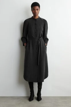 BELTED COLLARLESS MIDI SHIRT DRESS