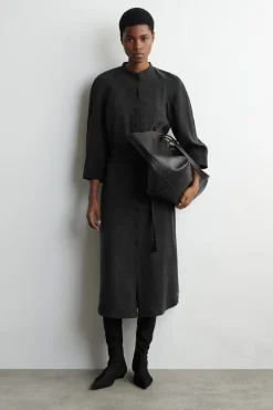 BELTED COLLARLESS MIDI SHIRT DRESS
