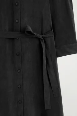 BELTED COLLARLESS MIDI SHIRT DRESS