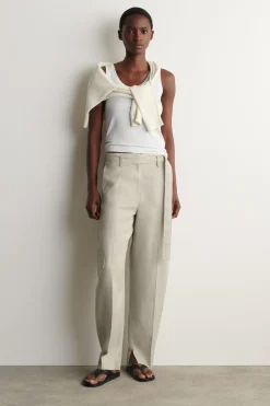 BELTED LINEN BARREL-LEG PANTS