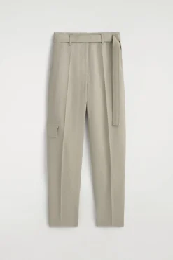 BELTED LINEN BARREL-LEG PANTS