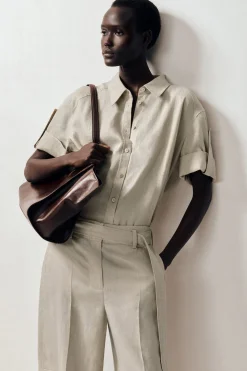 BELTED LINEN BARREL-LEG PANTS