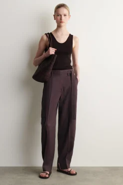 BELTED LINEN BARREL-LEG PANTS