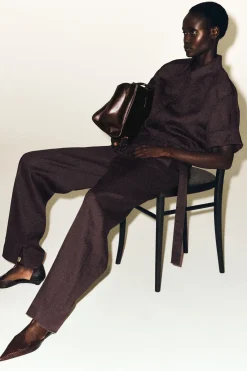 BELTED LINEN BARREL-LEG PANTS