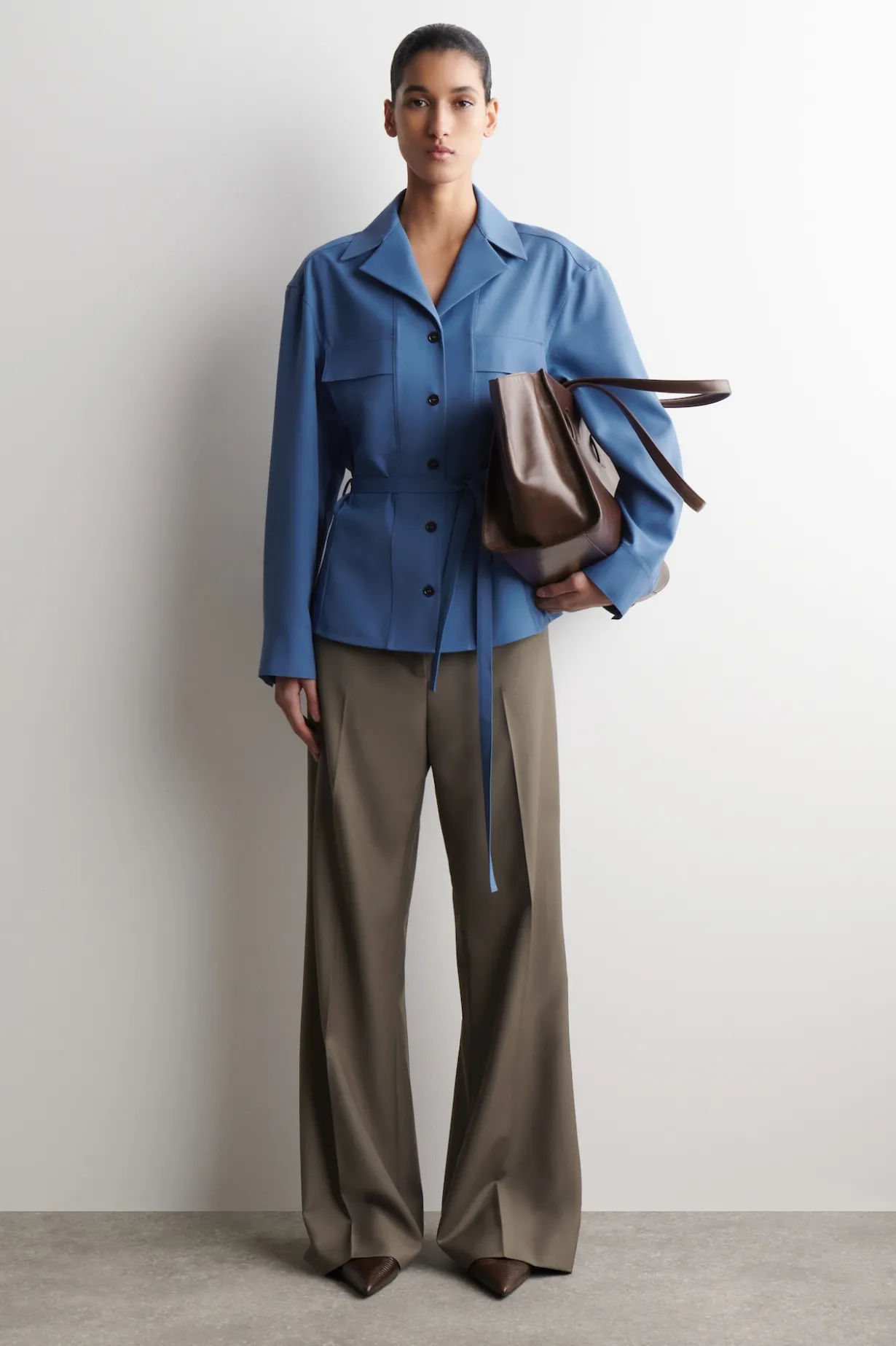 BELTED MERINO WOOL BLEND UTILITY SHIRT