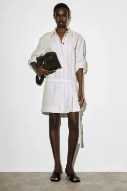 BELTED PLEATED LINEN MINI SHIRT DRESS