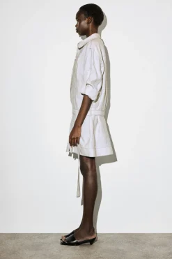 BELTED PLEATED LINEN MINI SHIRT DRESS