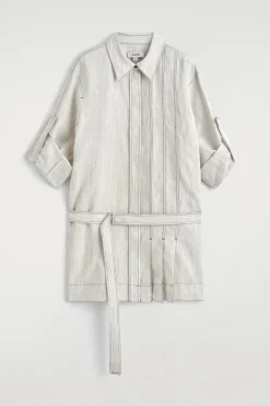 BELTED PLEATED LINEN MINI SHIRT DRESS