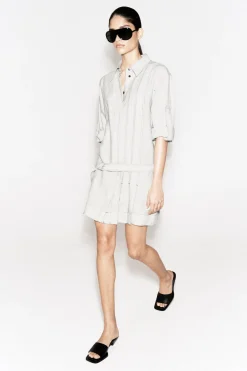 BELTED PLEATED LINEN MINI SHIRT DRESS
