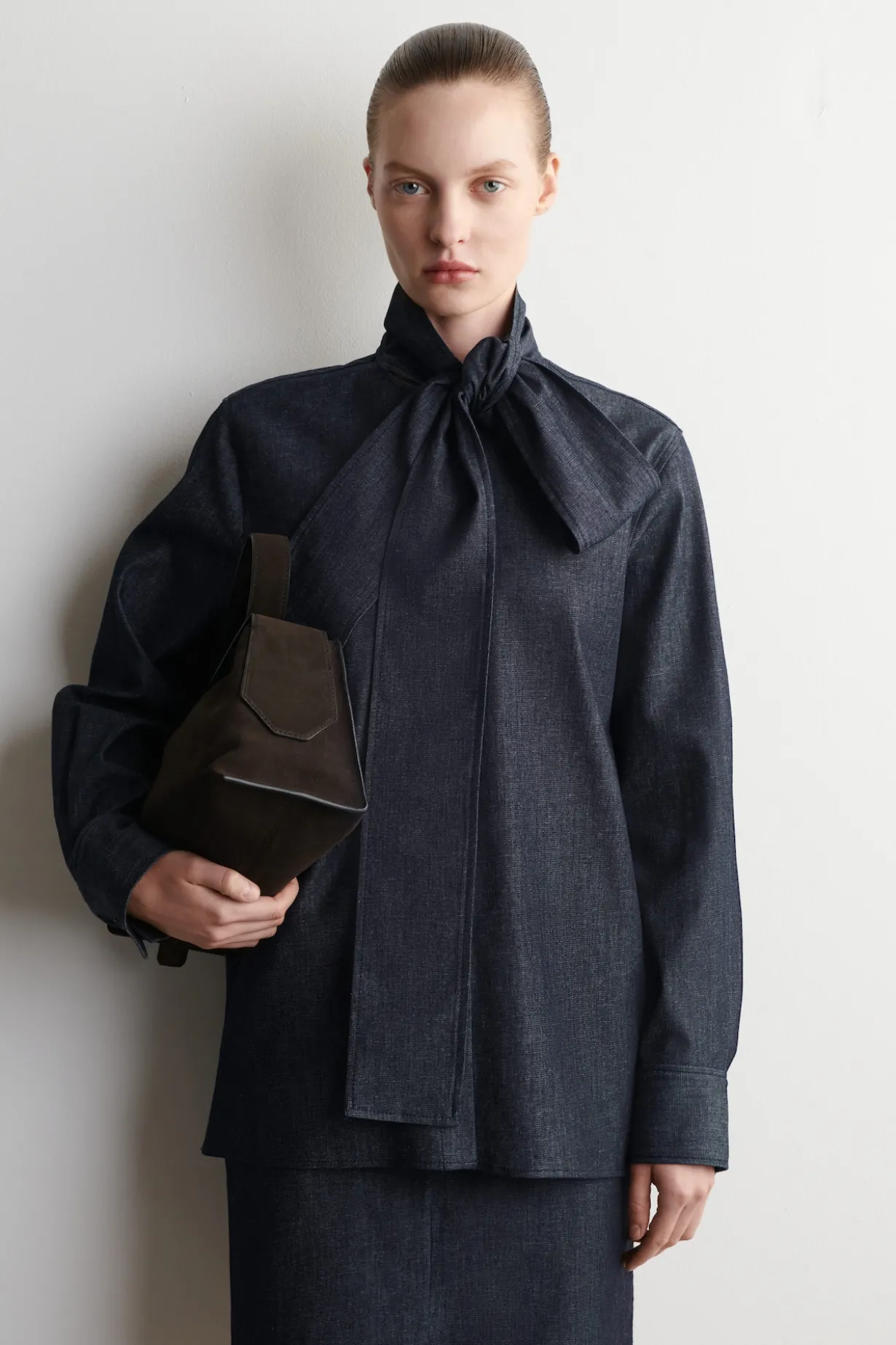 BOW-DETAIL DENIM SHIRT
