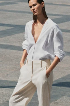 BUTTON-DETAIL LINEN V-NECK SHIRT