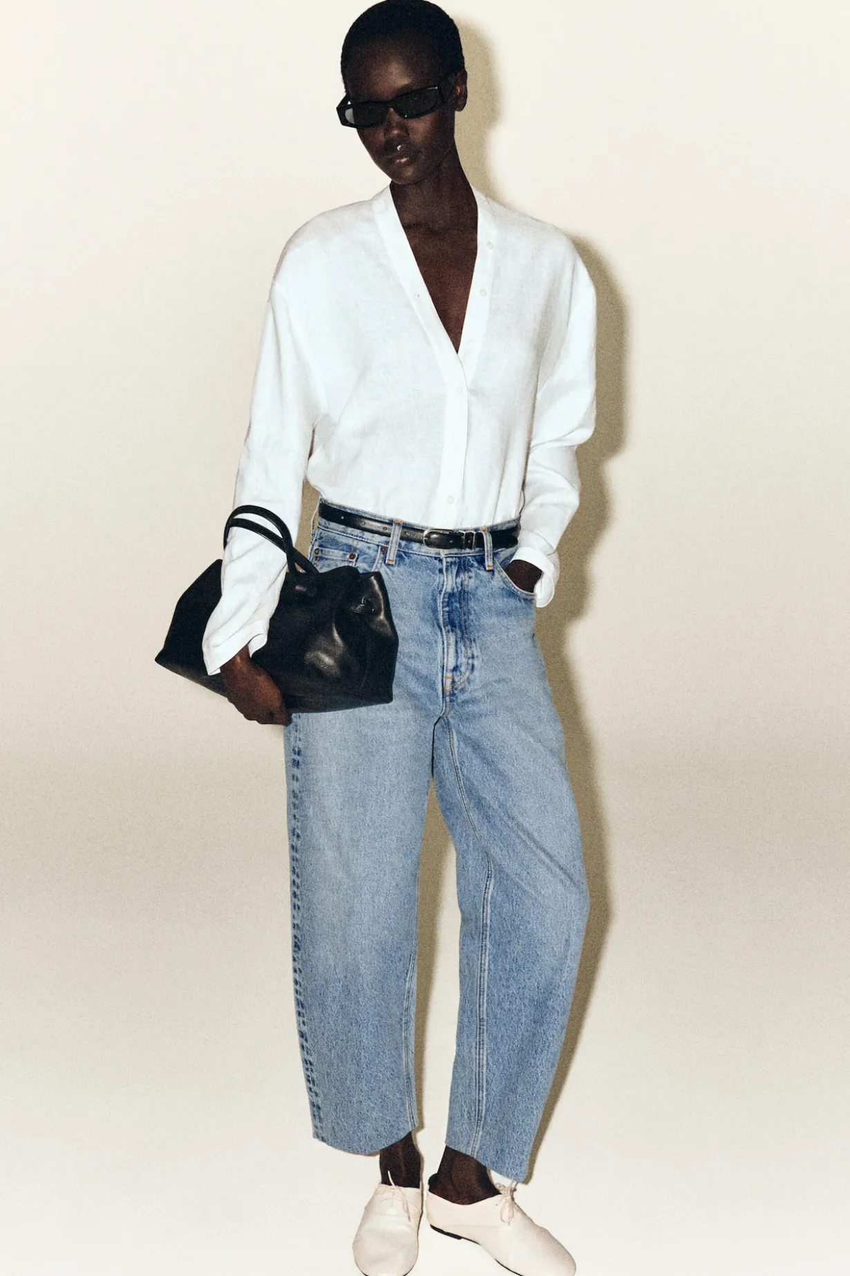 BUTTON-DETAIL LINEN V-NECK SHIRT