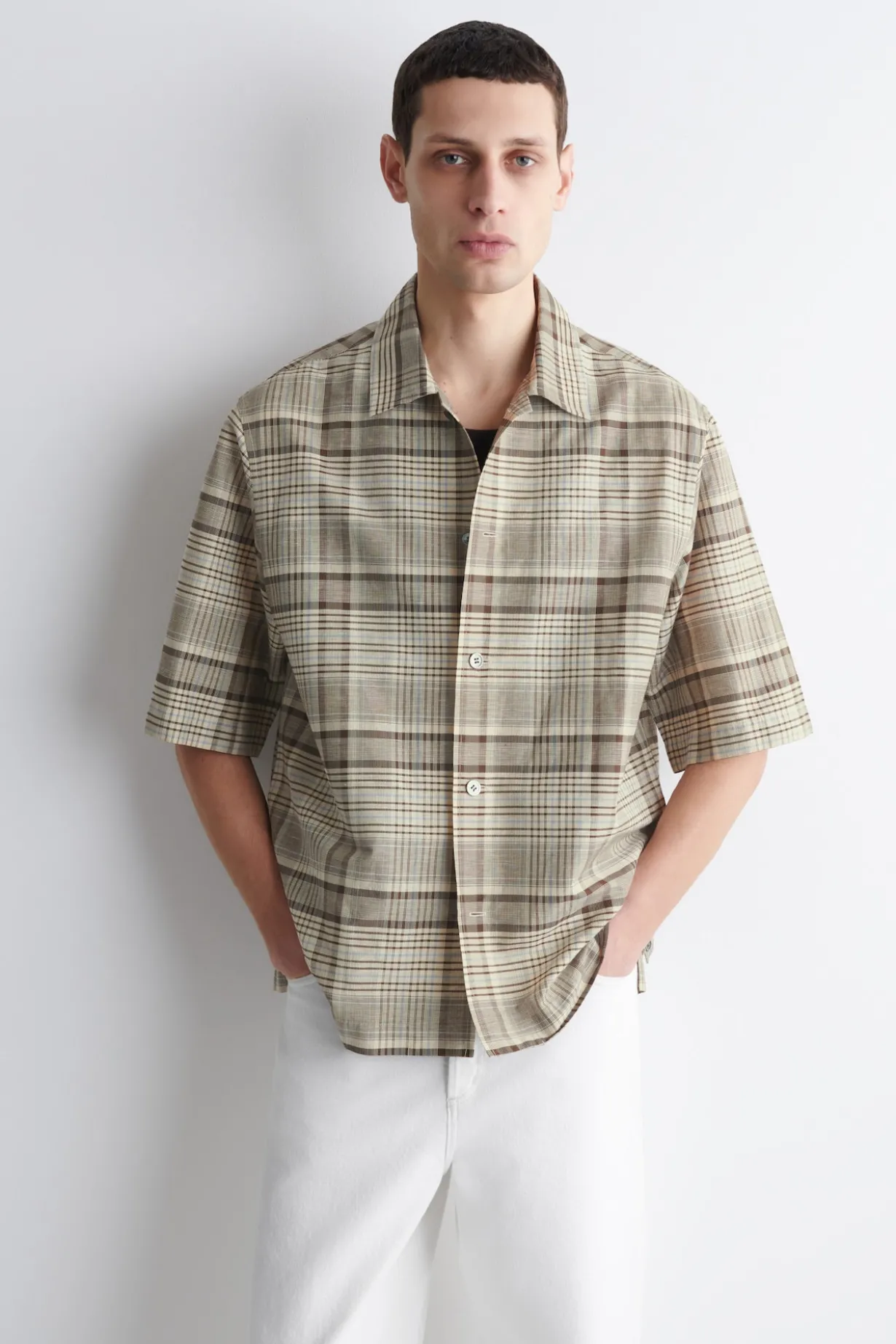 CHECKED LINEN-BLEND SHORT-SLEEVED SHIRT