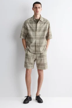 CHECKED LINEN-BLEND SHORT-SLEEVED SHIRT