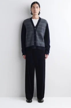 CHECKED WOOL V-NECK CARDIGAN