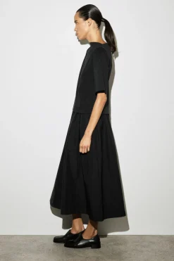 CONTRAST-PANEL BOAT-NECK MIDI DRESS