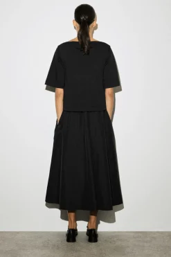 CONTRAST-PANEL BOAT-NECK MIDI DRESS