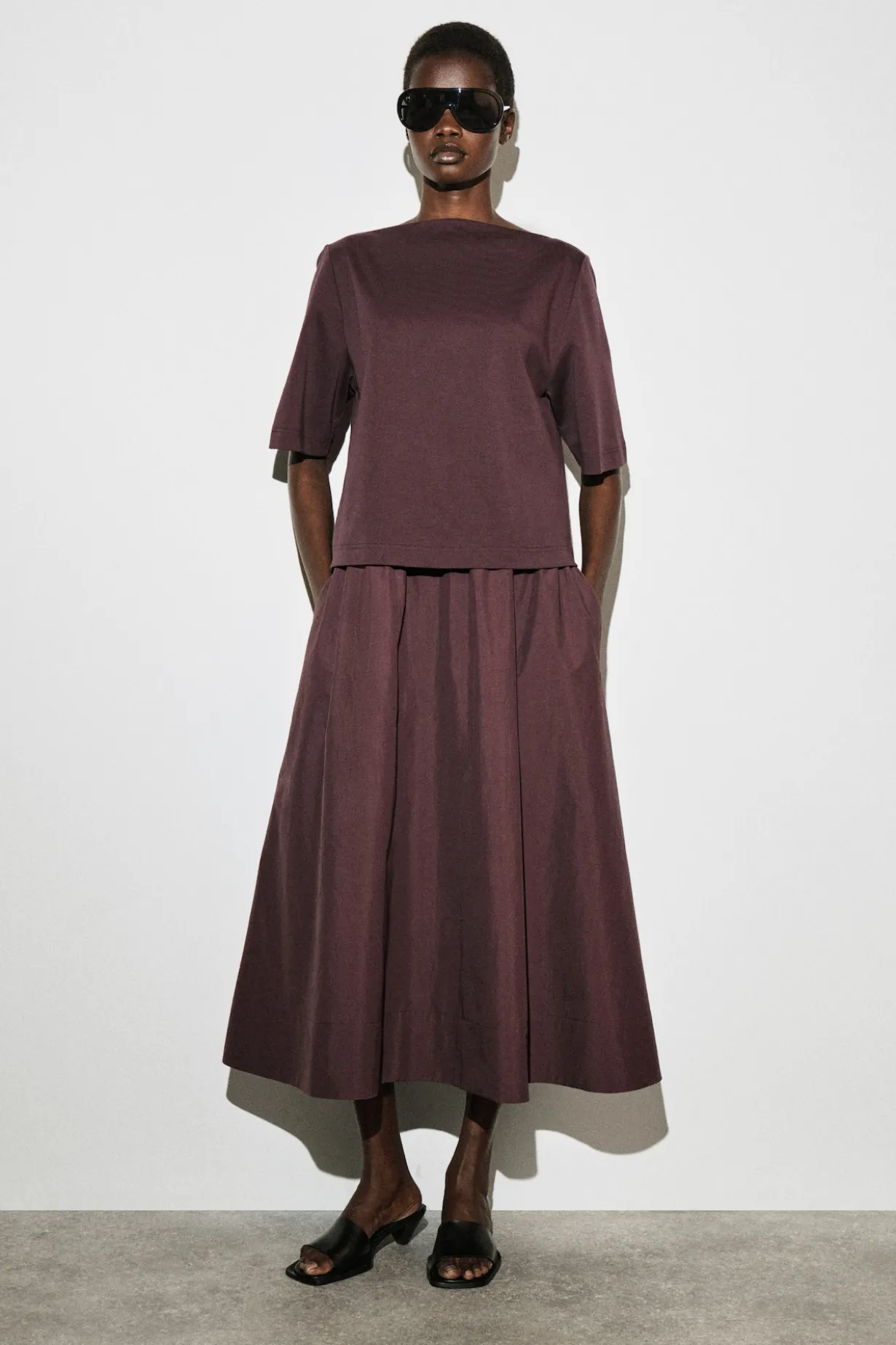 CONTRAST-PANEL BOAT-NECK MIDI DRESS