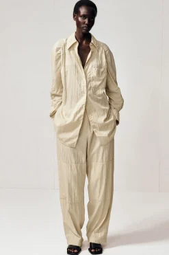 CRINKLED-SILK STRAIGHT-LEG PANTS