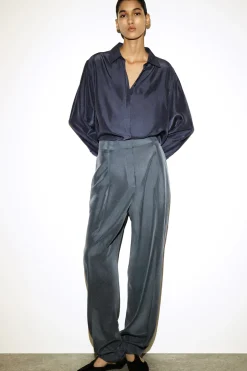 CRINKLED-SILK STRAIGHT-LEG PANTS