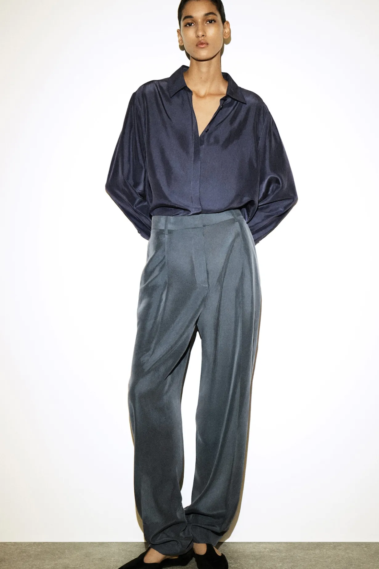 CRINKLED-SILK STRAIGHT-LEG PANTS