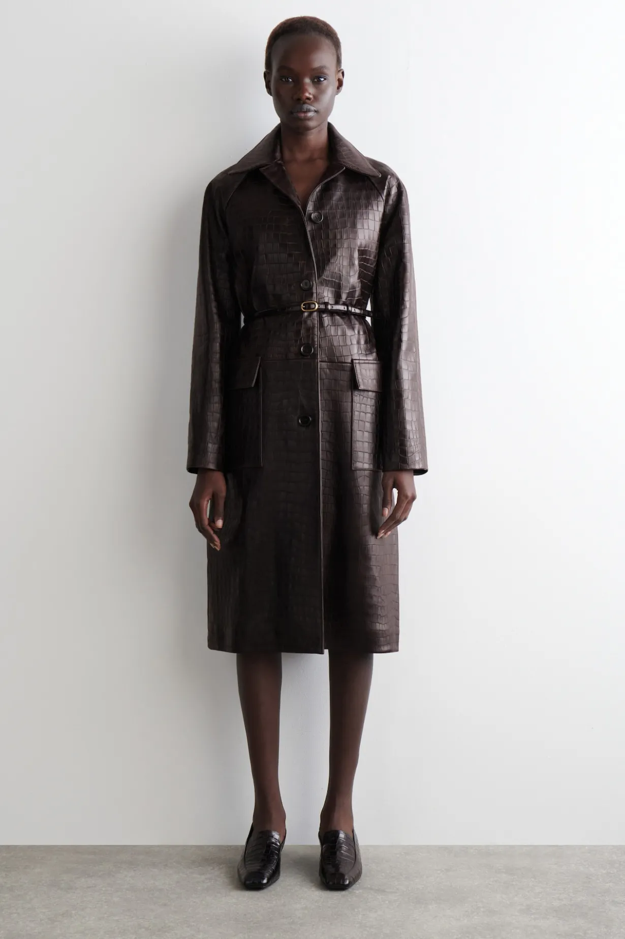 CROC-EFFECT LEATHER LONG COAT