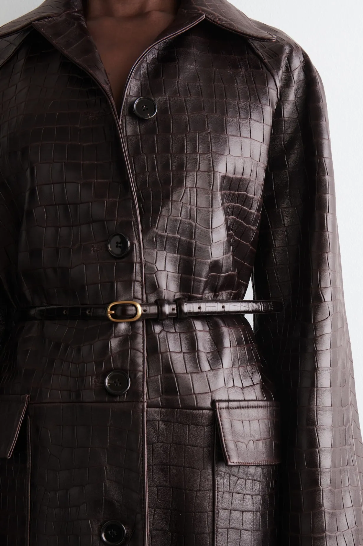 CROC-EFFECT LEATHER LONG COAT