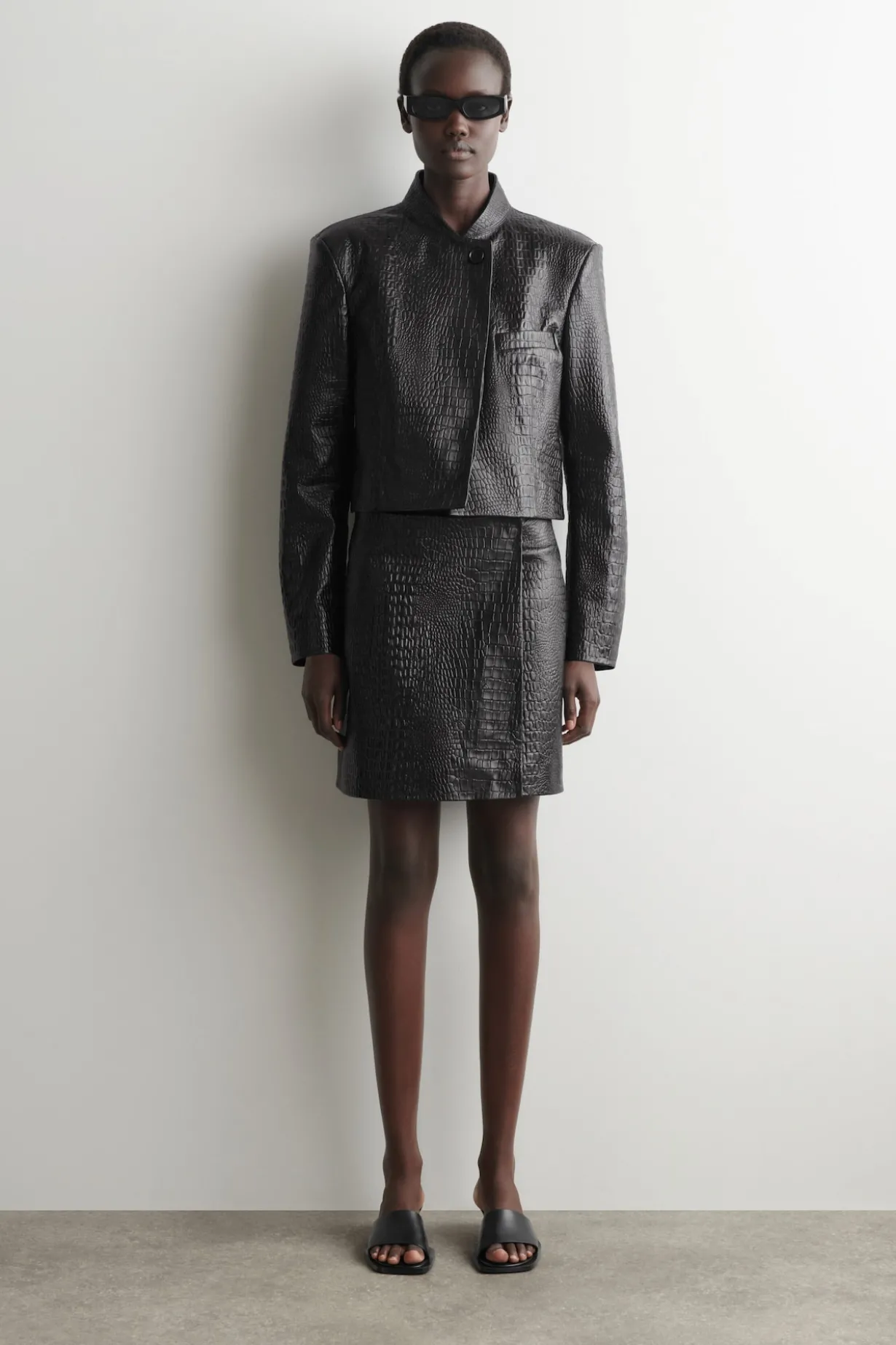 CROC-EFFECT LEATHER MINI WRAP SKIRT