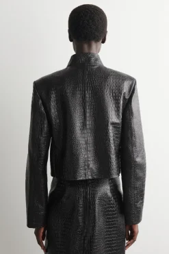 CROPPED CROC-EFFECT LEATHER BLAZER