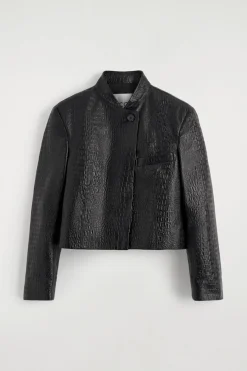CROPPED CROC-EFFECT LEATHER BLAZER