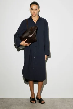 CURVED-SLEEVE COTTON MIDI SHIRT DRESS