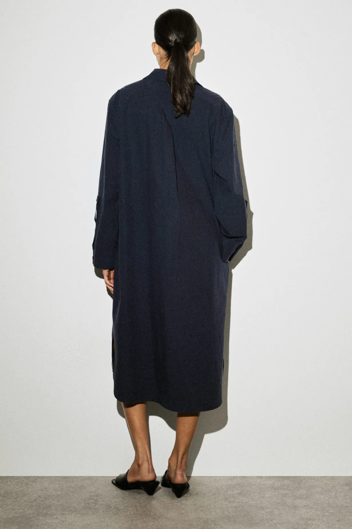 CURVED-SLEEVE COTTON MIDI SHIRT DRESS