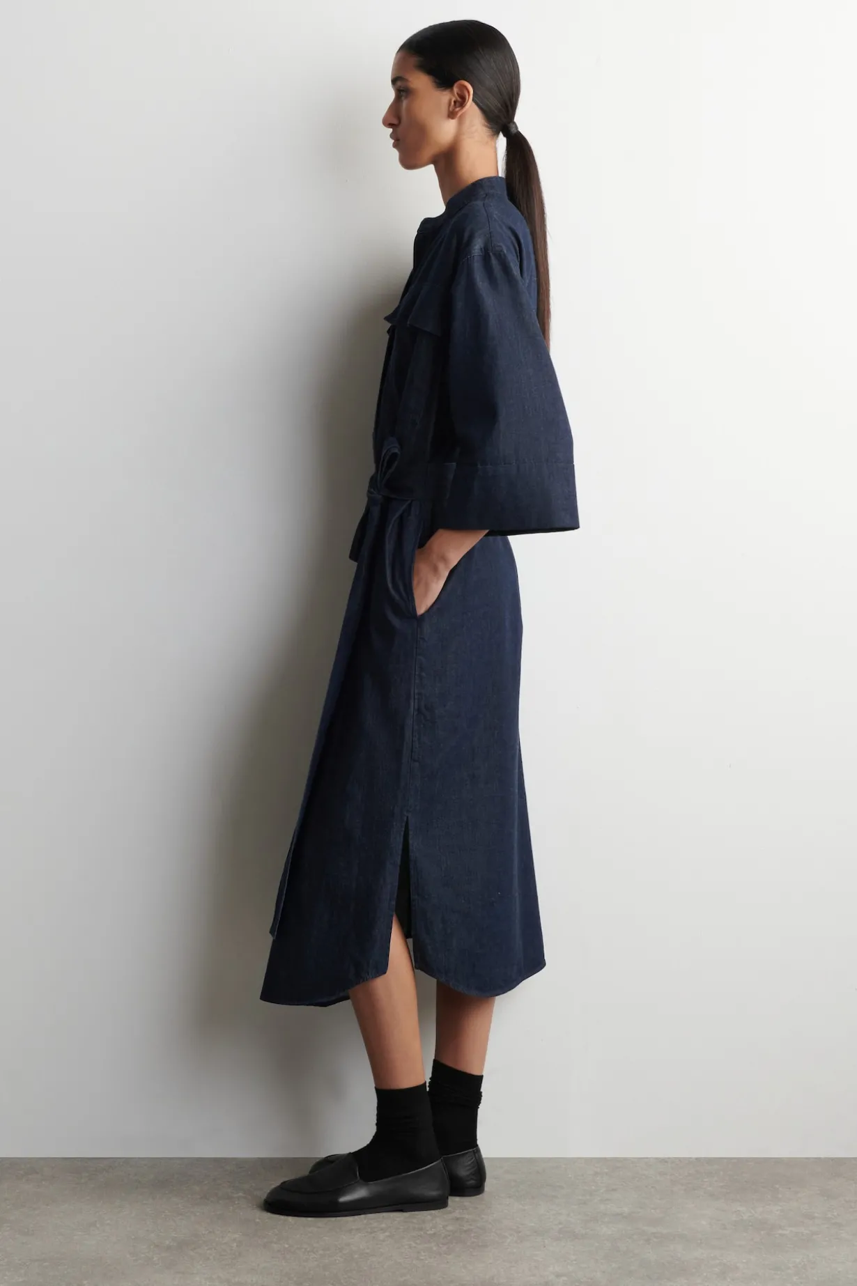 DENIM UTILITY MIDI SHIRT DRESS