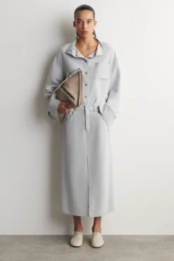 DENIM-EFFECT SILK MIDI SKIRT