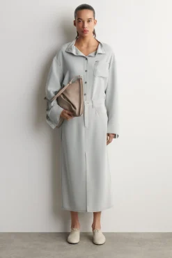 DENIM-EFFECT SILK MOCK-NECK SHIRT