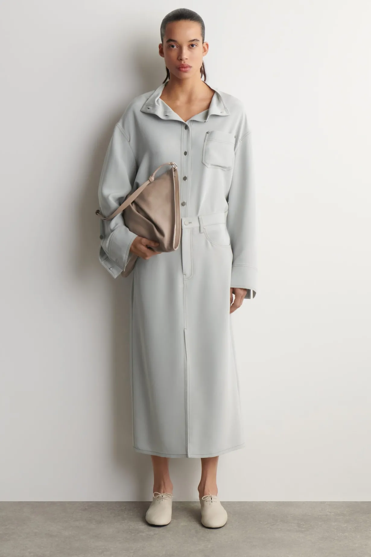 DENIM-EFFECT SILK MOCK-NECK SHIRT