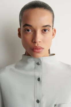 DENIM-EFFECT SILK MOCK-NECK SHIRT