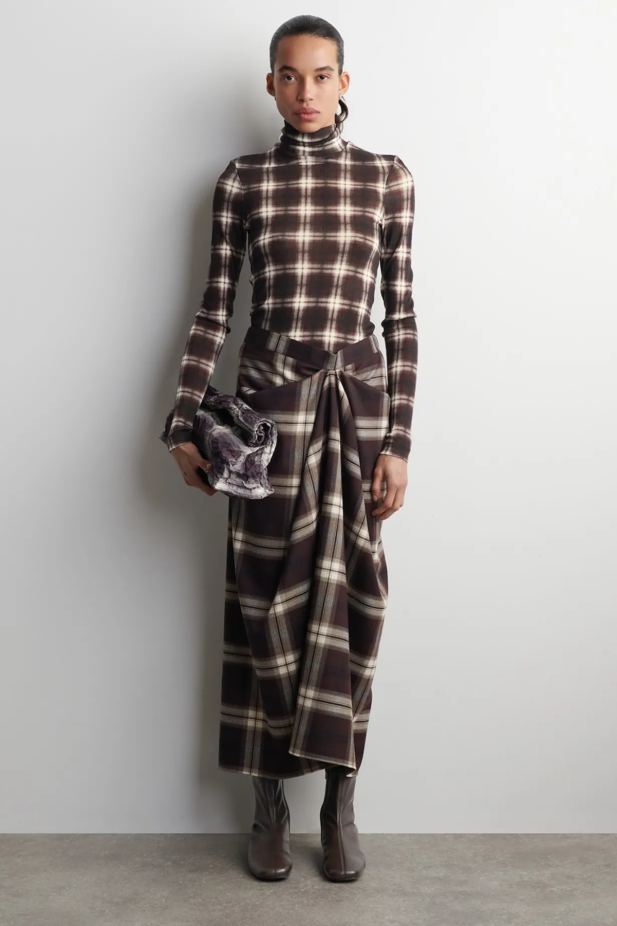 DRAPED CHECKED MIDI SKIRT
