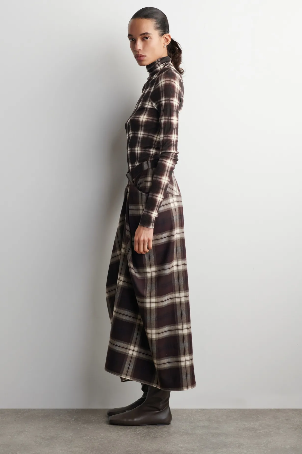 DRAPED CHECKED MIDI SKIRT
