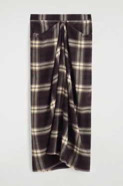 DRAPED CHECKED MIDI SKIRT