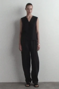 ELASTICATED LINEN BARREL-LEG PANTS
