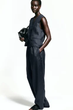 ELASTICATED LINEN BARREL-LEG PANTS