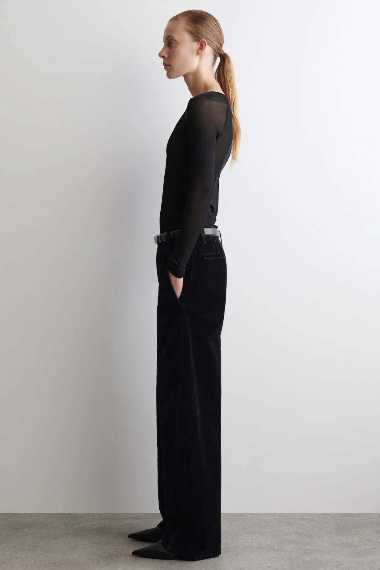 FLOCKED-DENIM BARREL-LEG PANTS