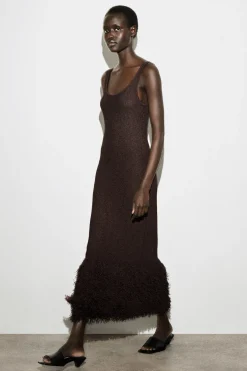 FRINGED-HEM KNITTED COLUMN DRESS