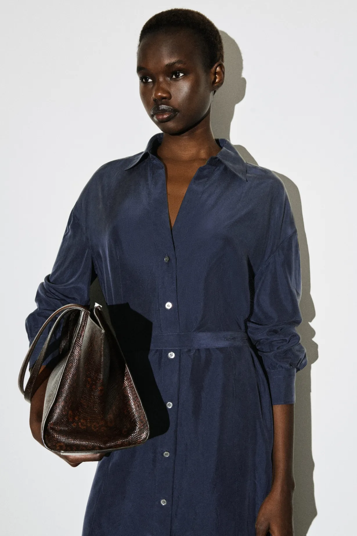 GATHERED CRINKLED-SILK MIDI SHIRT DRESS